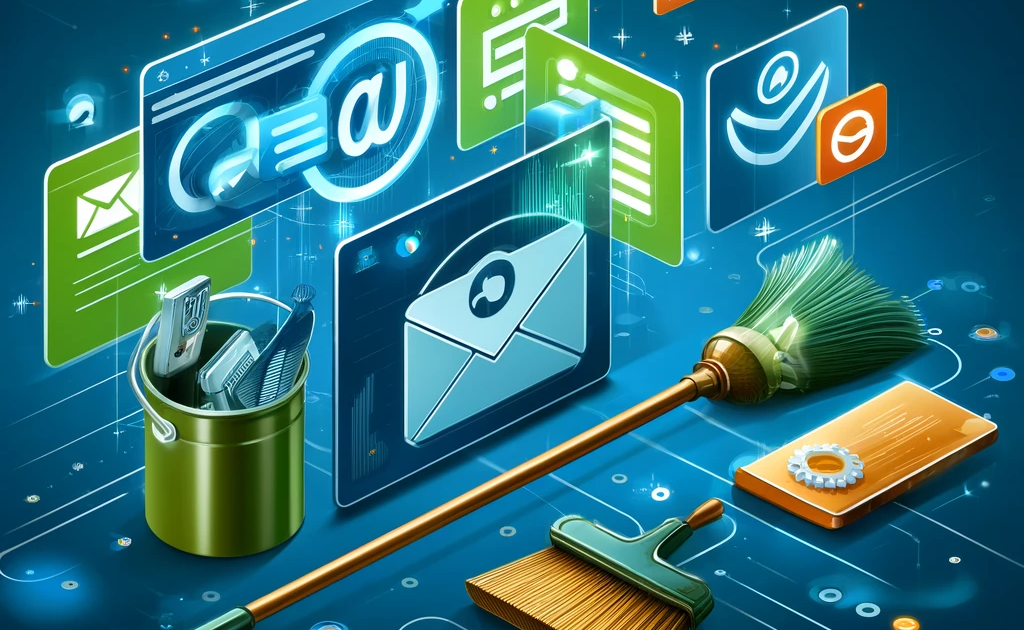 Digital-themed illustration of email list cleaning services featuring a modern dashboard with email icons, brooms, and dusters in a clean and professional layout, predominantly in green and blue colors.