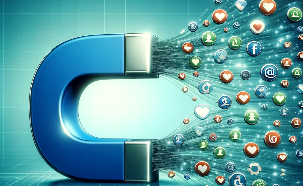 Magnet symbolizing outbound lead generation pulling leads from social media, events, and websites, depicted in blue and green theme.