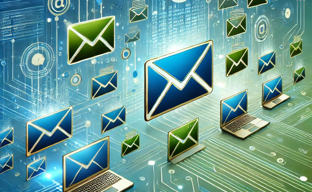 Blue and green digital image with interconnected email icons, reflecting DataJi.co's bulk email theme.